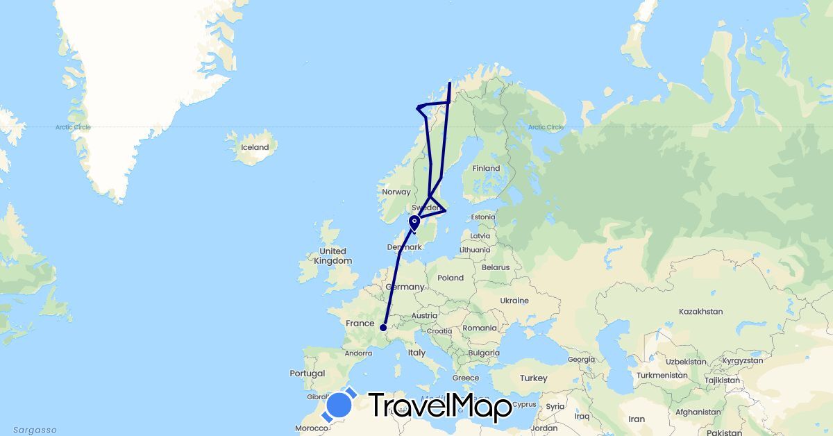 TravelMap itinerary: driving in Switzerland, Denmark, France, Norway, Sweden (Europe)